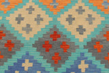 Flat Weave Kilim, Antique, Navaho, Vintage, Handmade, Modern Kilim Blue Rust Hand-Woven Rectangle 100% Wool Area Rug 4 x 6