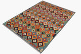 Flat Weave Kilim, Antique, Navaho, Vintage, Handmade, Modern Kilim Rust Blue Hand-Woven Rectangle 100% Wool Area Rug 6 x 8