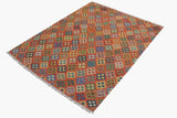 Flat Weave Kilim, Antique, Navaho, Vintage, Handmade, Modern Kilim Rust Blue Hand-Woven Rectangle 100% Wool Area Rug 6 x 8