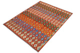 Flat Weave Kilim, Antique, Navaho, Vintage, Handmade, Modern Kilim Rust Blue Hand-Woven Rectangle 100% Wool Area Rug 8 x 10