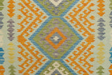 Flat Weave Kilim, Antique, Navaho, Vintage, Handmade, Geometric Kilim Blue Orange Hand-Woven Rectangle 100% Wool Area Rug 5 x 6