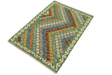 Flat Weave Kilim, Antique, Navaho, Vintage, Handmade, Modern Kilim Green Rust Hand-Woven Rectangle 100% Wool Area Rug 4 x 5