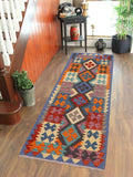 Flat Weave Kilim, Antique, Navaho, Vintage, Handmade, Geometric Kilim Blue Rust Hand-Woven Runner 100% Wool Area Rug 3 x 6