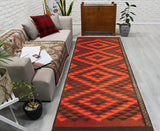 Flat Weave Kilim, Antique, Navaho, Vintage, Handmade, Geometric Kilim Rust Burgundy Hand-Woven Runner 100% Wool Area Rug 4 x 12